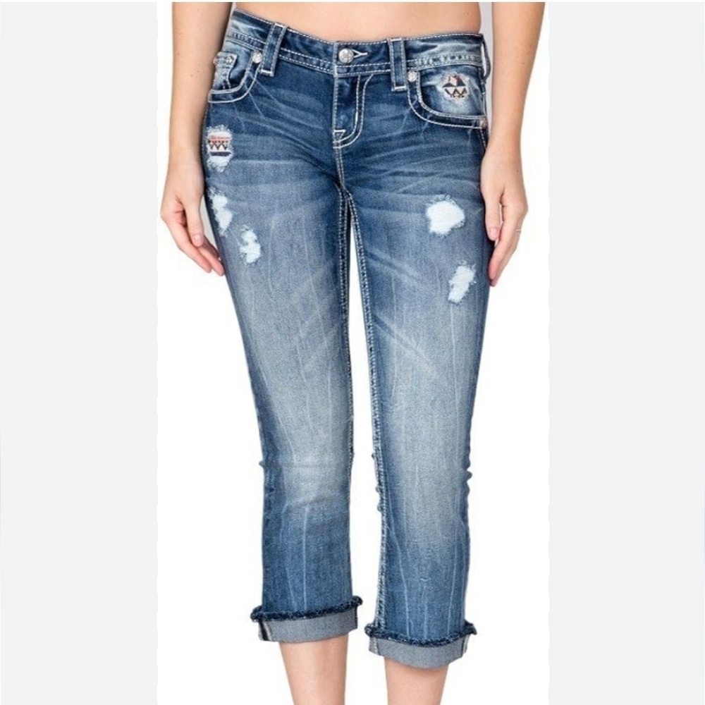 Miss Me Denim Distressed Jean Capri Pants Rhinestone